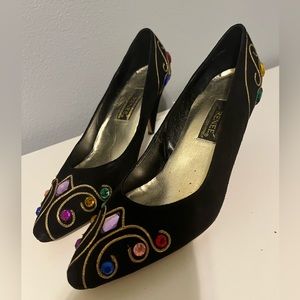 Vintage 80s 90s J. Renee Black Suede Gold tone Embroidered Jeweled Heels